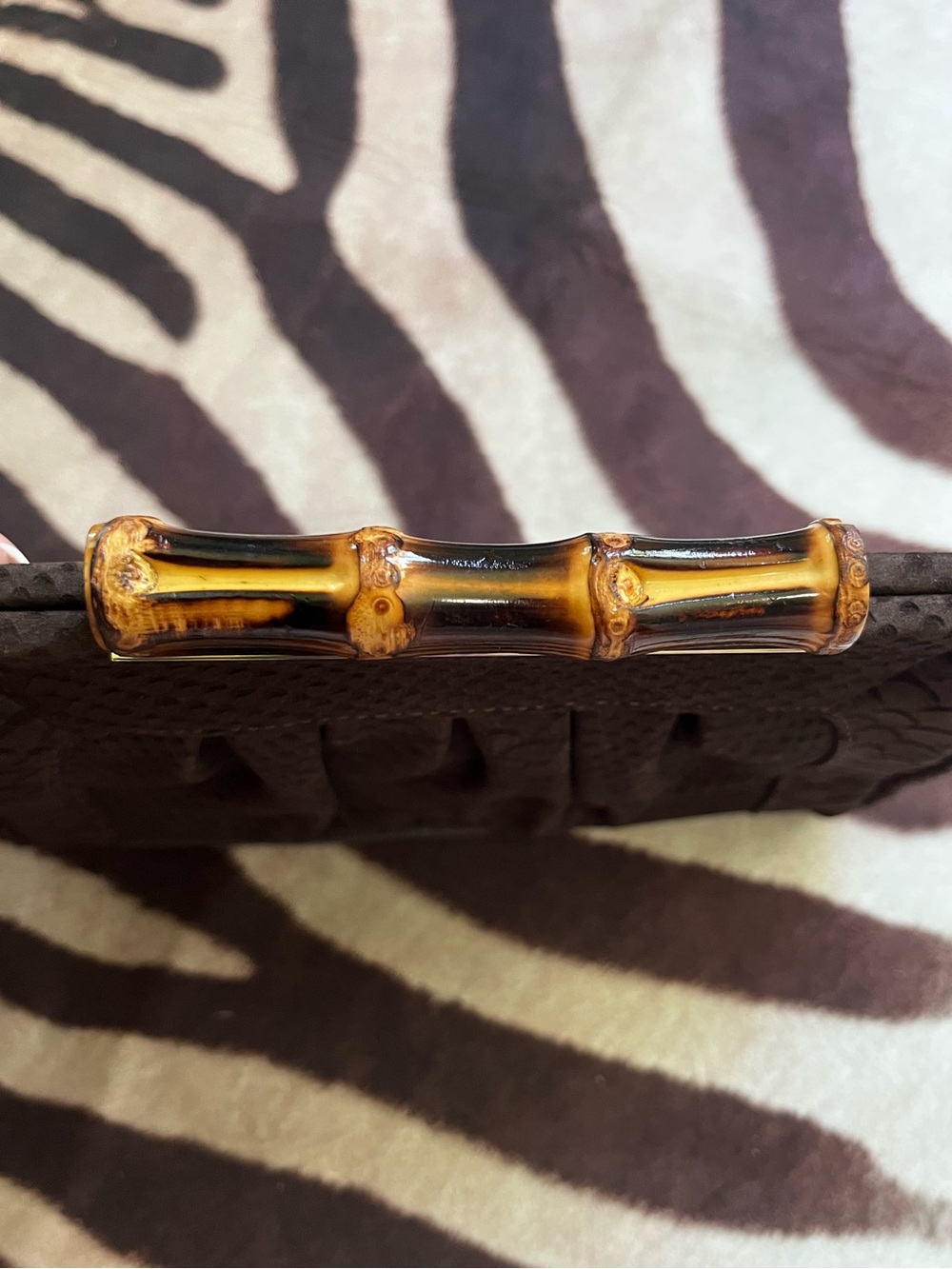 Brown Textured Clutch Handbag with Bamboo Accent. - Picture 3 of 4